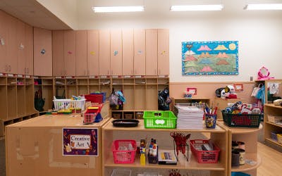 Classroom with cubbies and art supplies