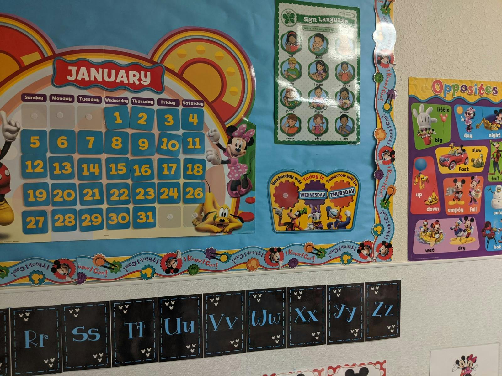 January calendar and alphabet cards on a bulletin board
