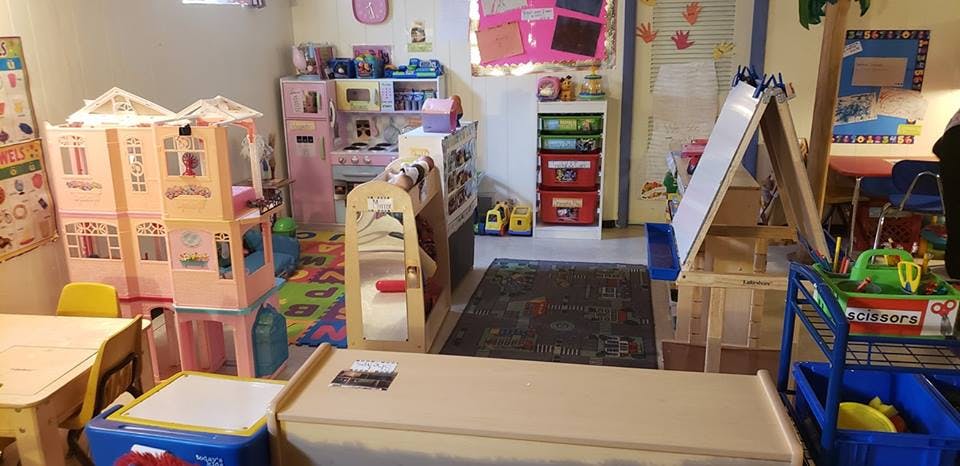 Playroom with various toys and furniture for children