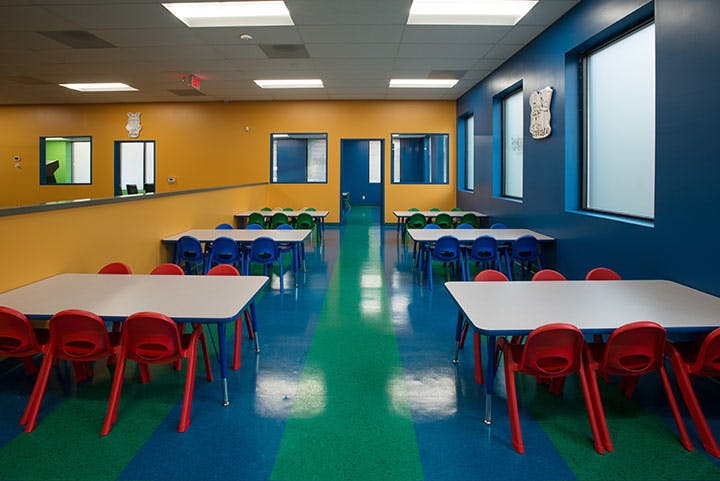 Classroom with small tables and chairs