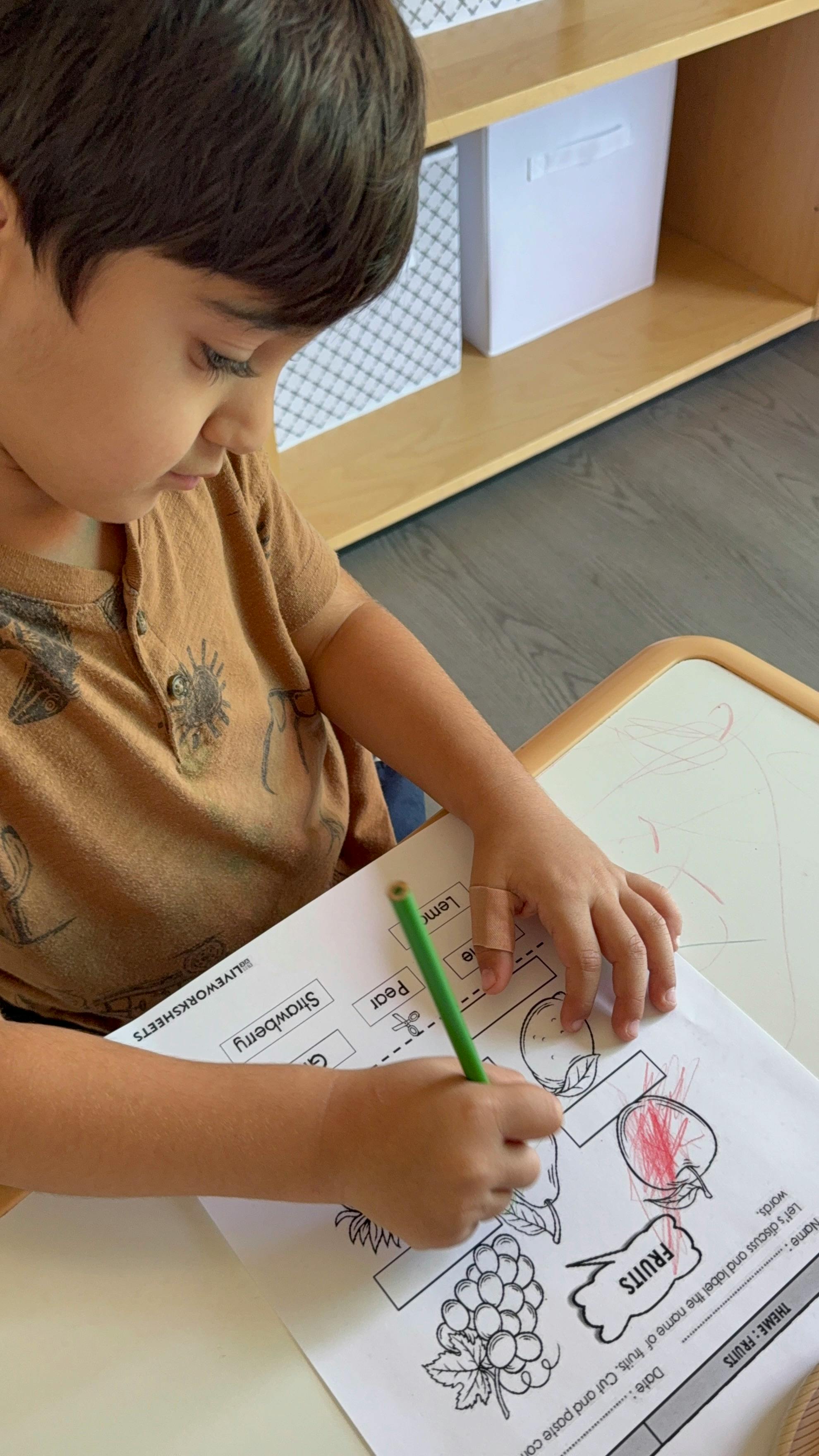 Child coloring a fruit worksheet at a desk