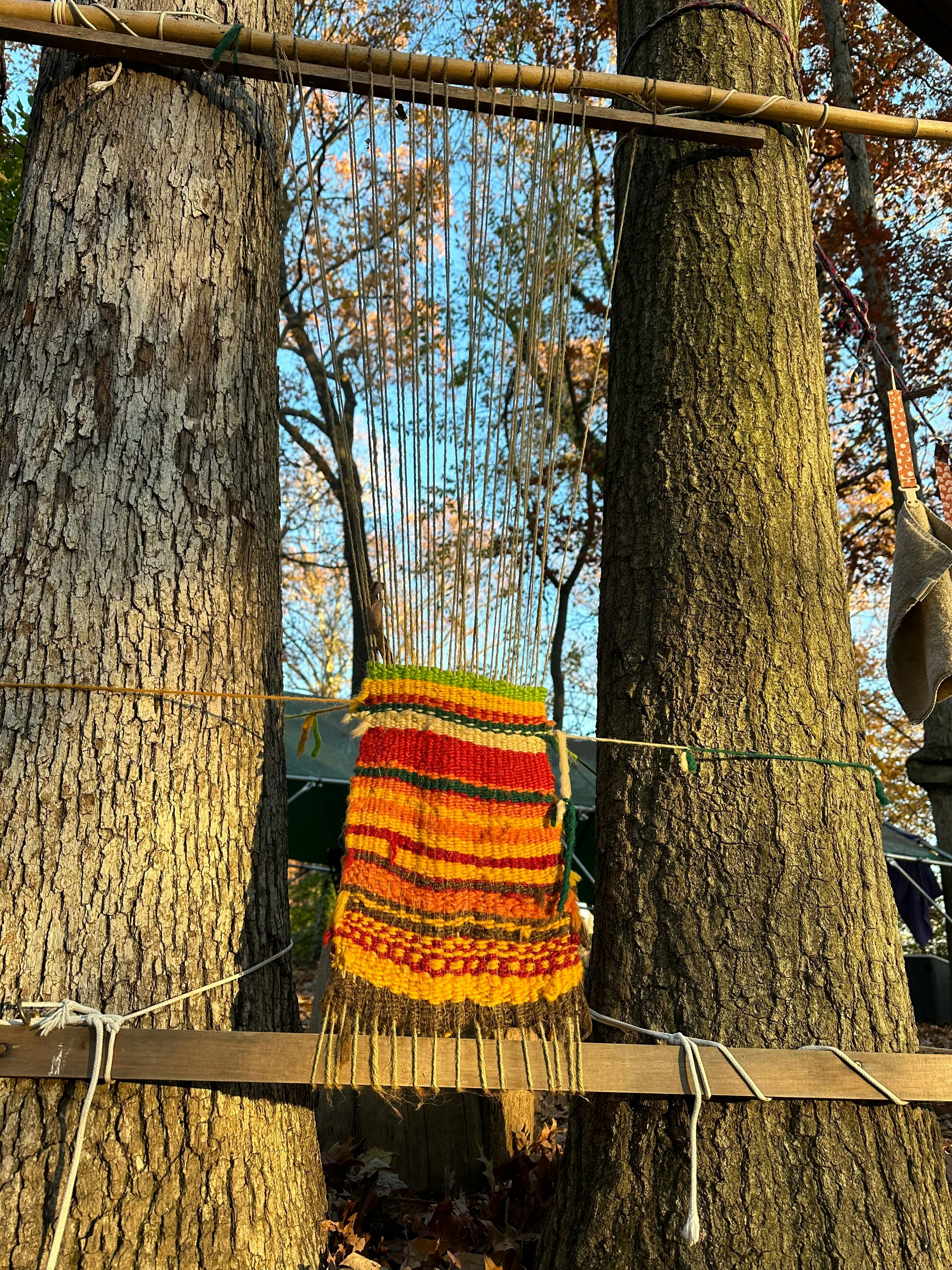 Woven tapestry hanging between two trees