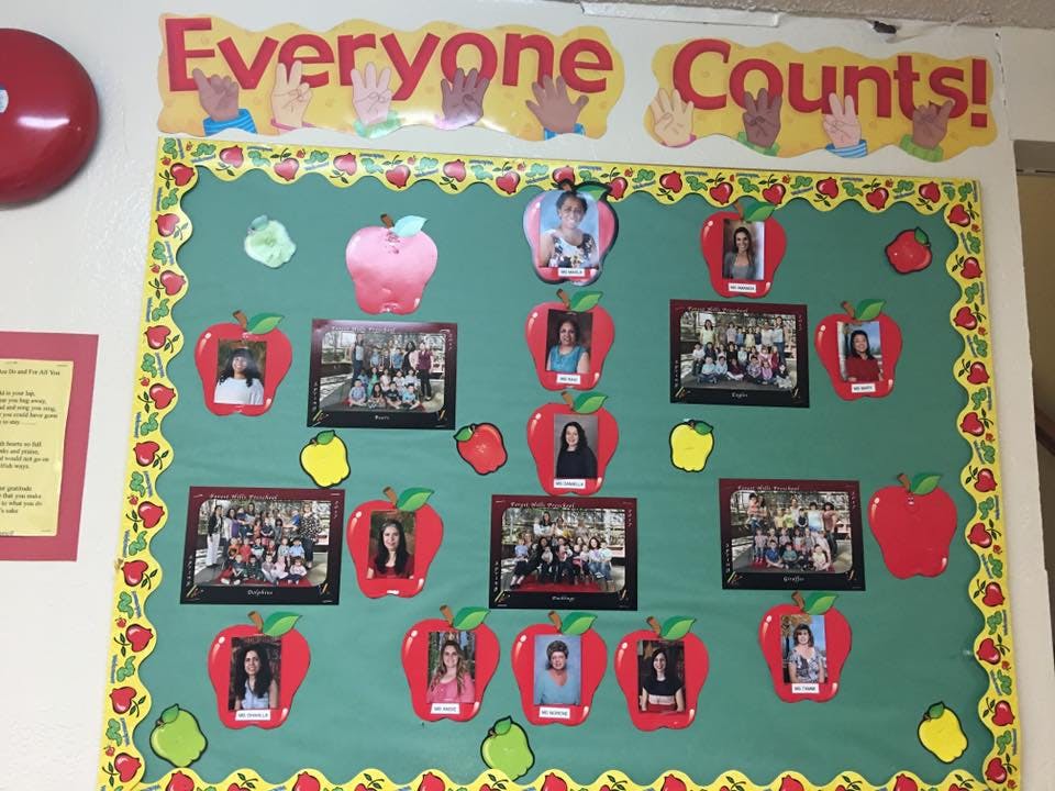 Bulletin board with photos in apple cutouts and text "Everyone Counts!"