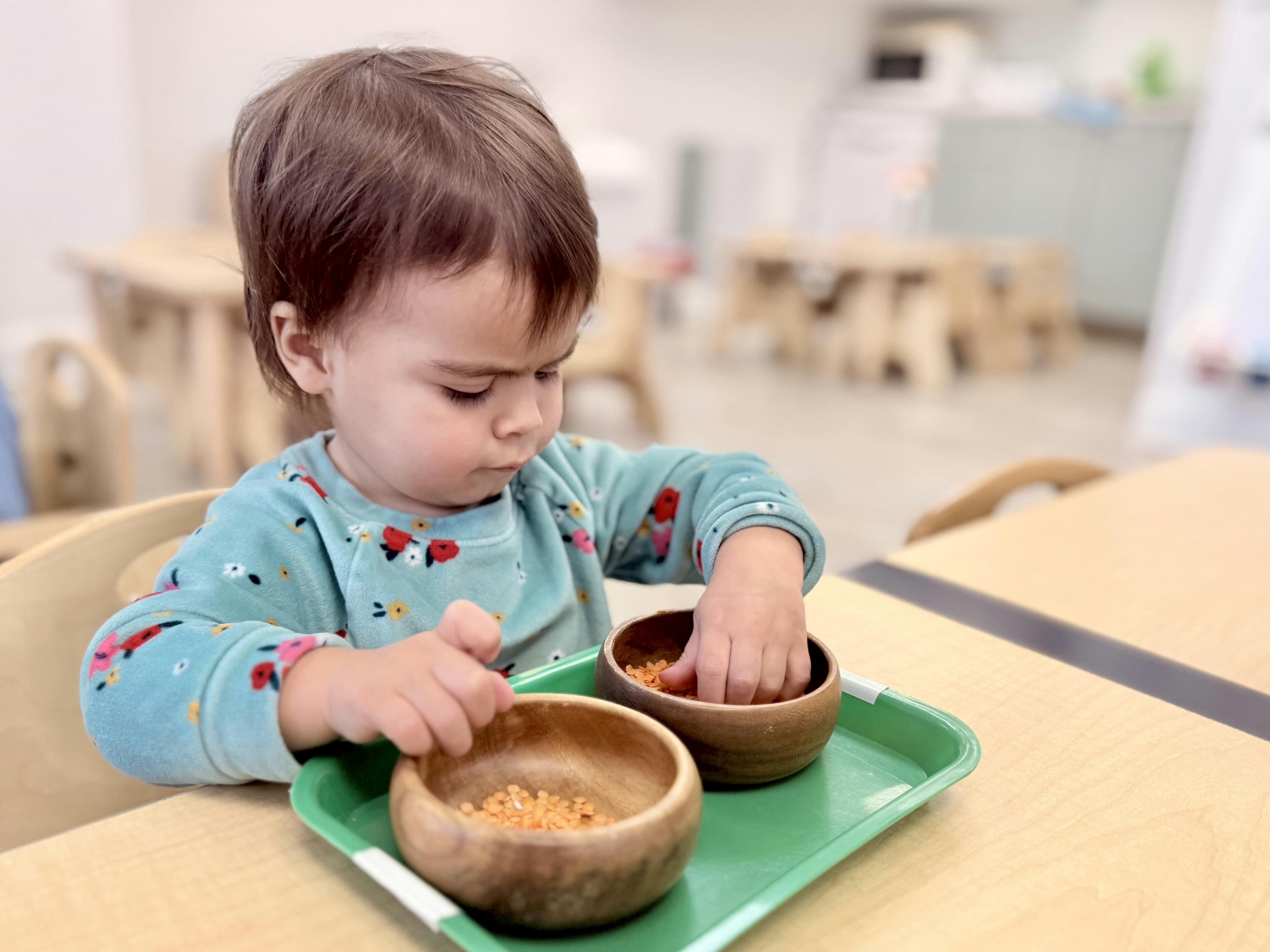 Child sitting at a table playing with two small bowls of orange lentils