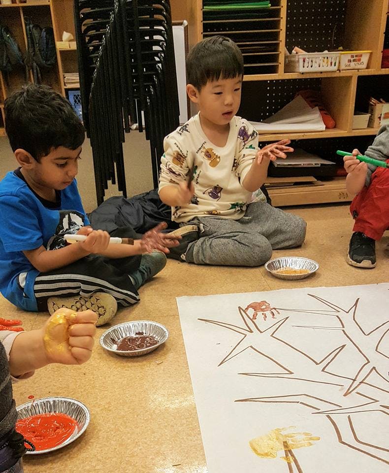 Children sitting on the floor doing an art activity with paint