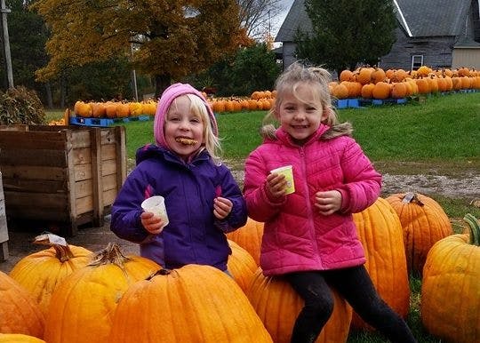 Two children sitting on pumpkins in a pumpkin patch