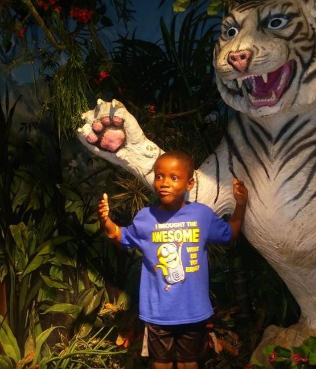Child standing next to a tiger statue