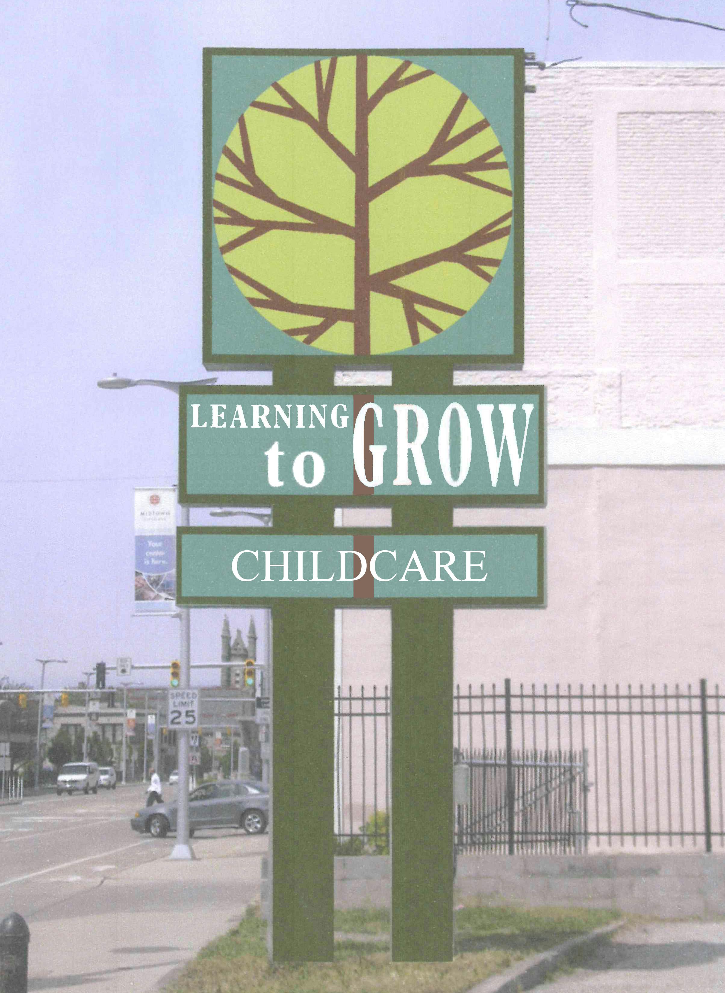Sign for Learning to Grow Childcare with a tree logo