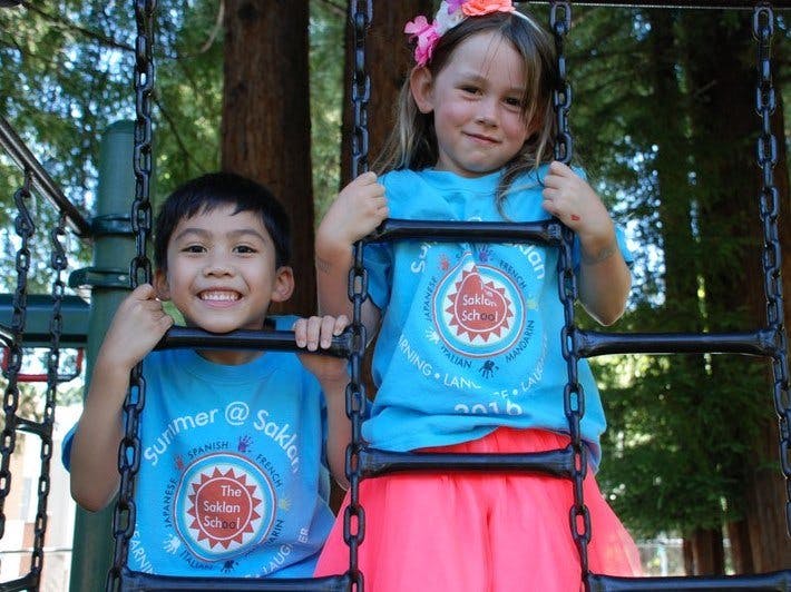 Two children on a climbing ladder