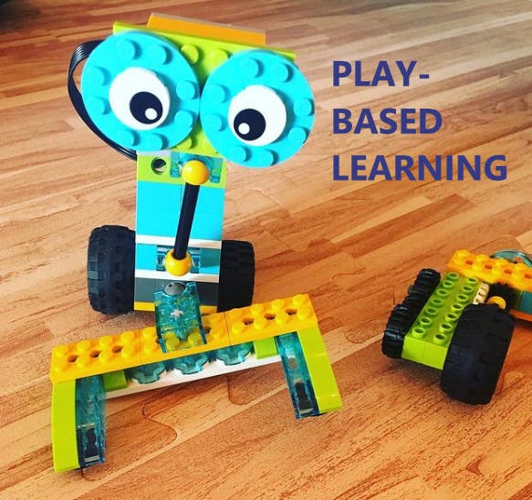 Lego robot with large eyes and text "PLAY-BASED LEARNING"