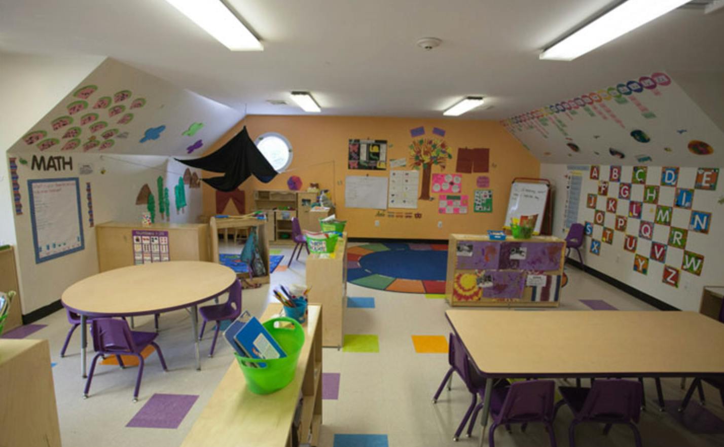 Classroom with tables and chairs, decorated walls