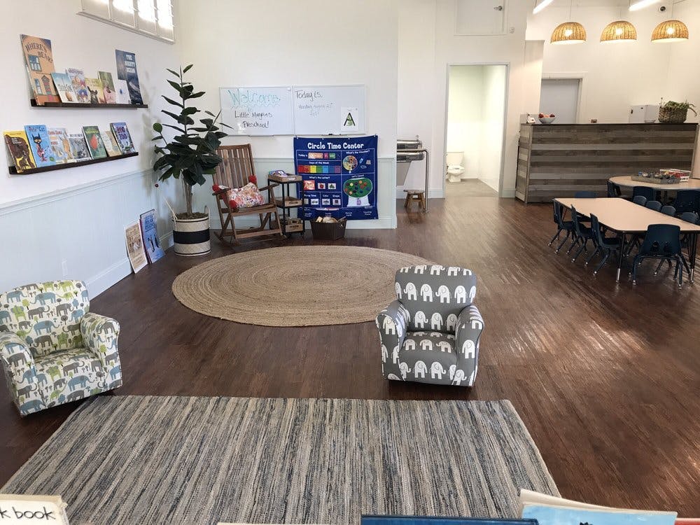 Classroom with small chairs, tables, and bookshelves