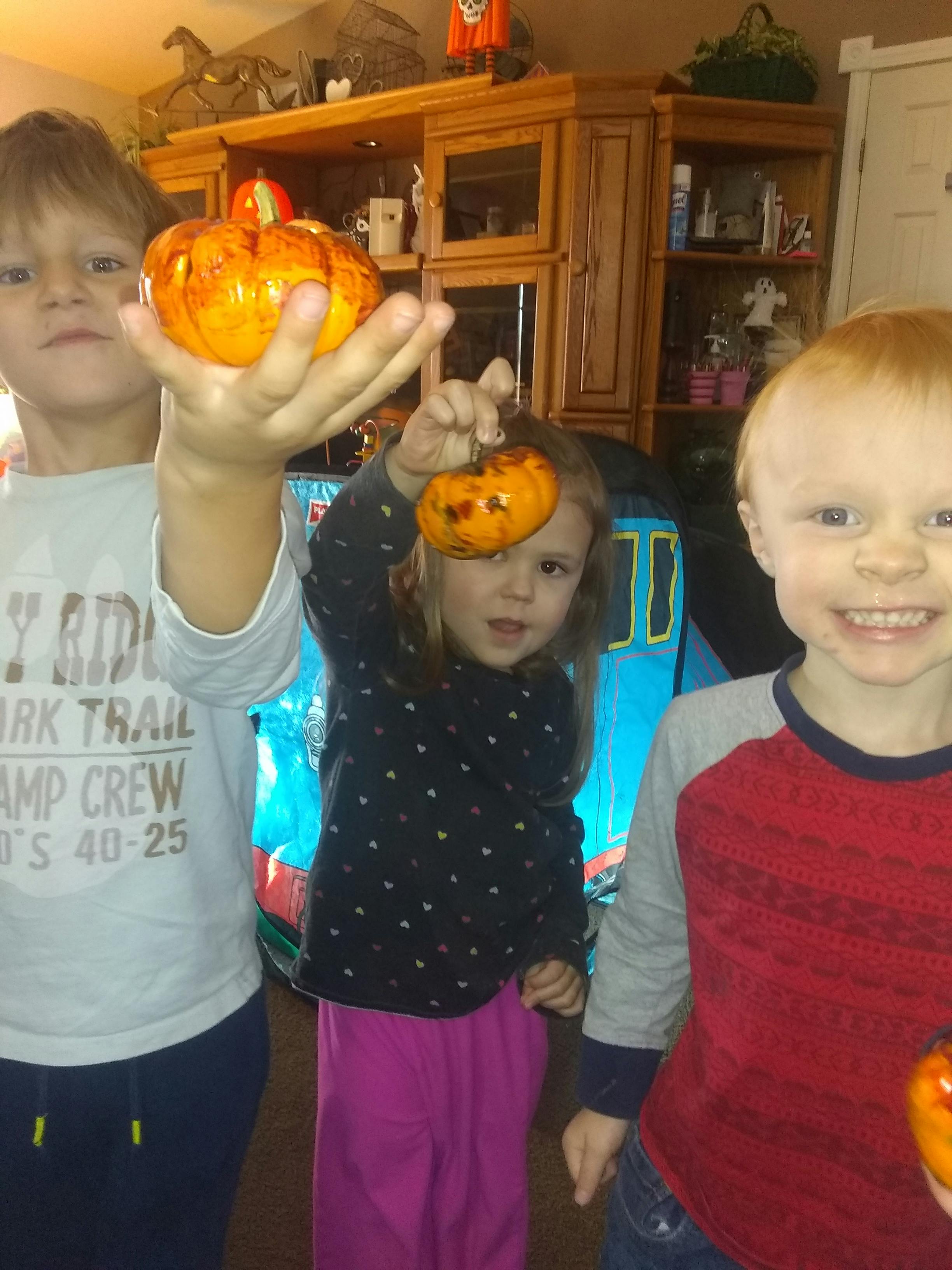 Three children holding up small decorative pumpkins