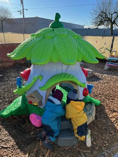 Two children playing in a leaf-shaped playhouse