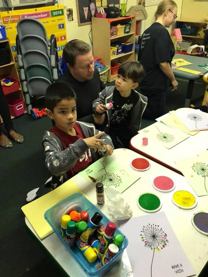 Adult and two children at a table with art supplies