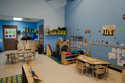 Empty classroom with small tables and chairs