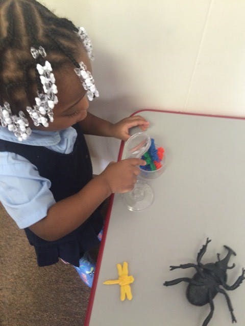 Child playing with insect toys and small colorful objects in a container