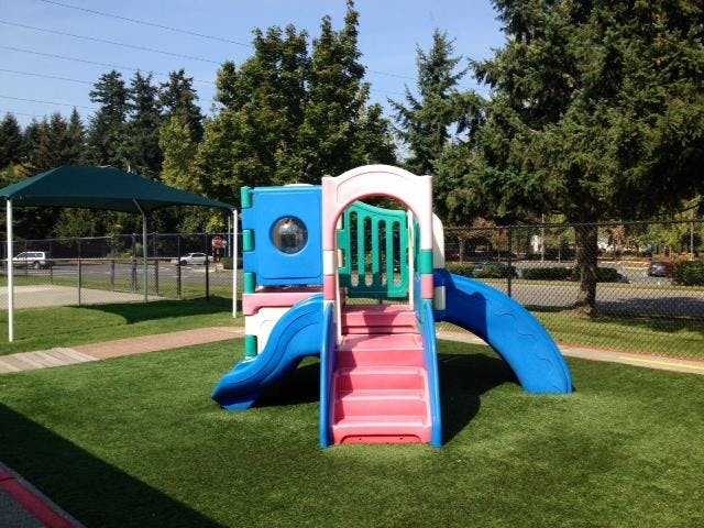 Colorful playground structure on artificial grass with trees in the background