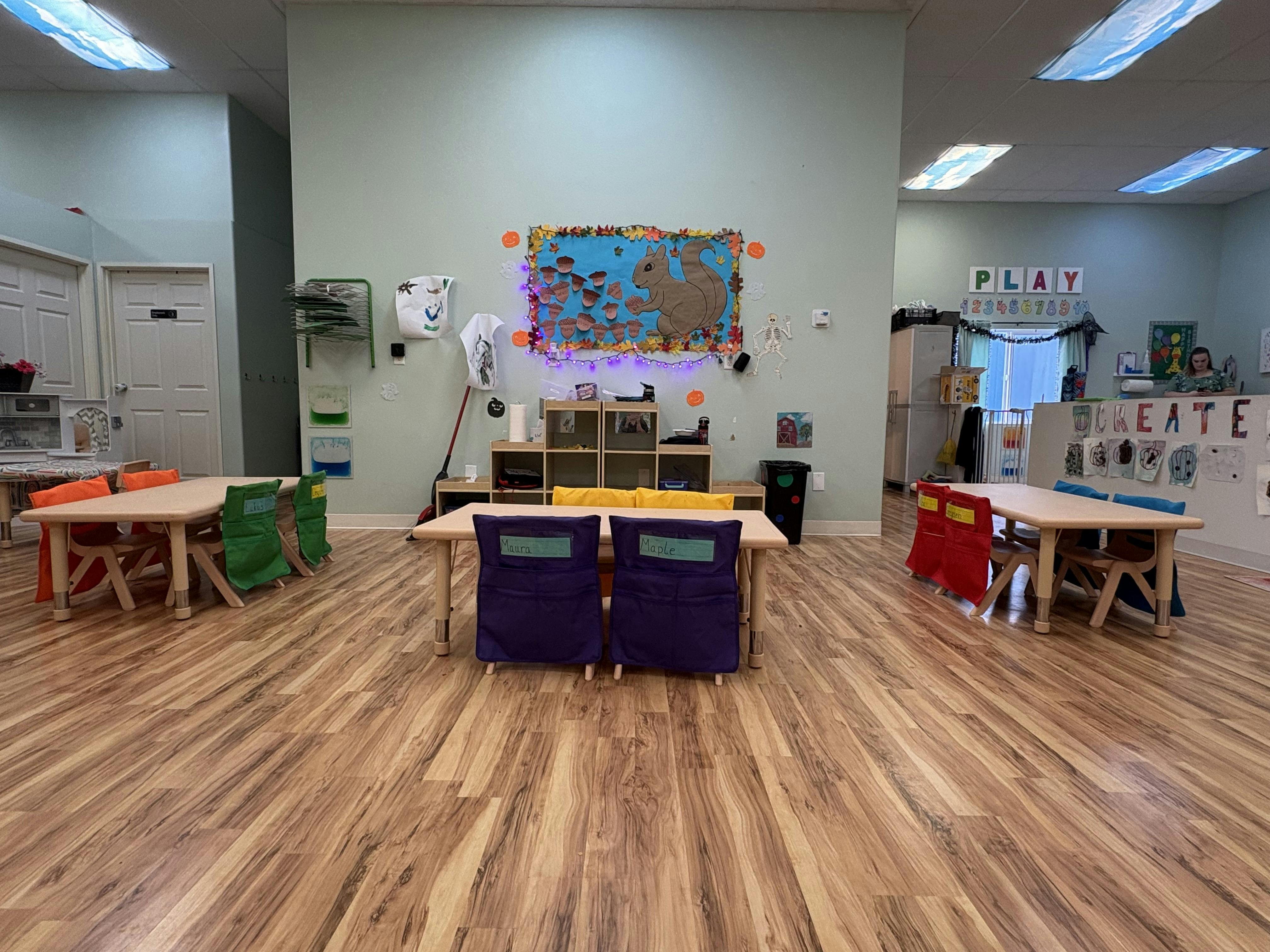 Classroom with small tables and chairs