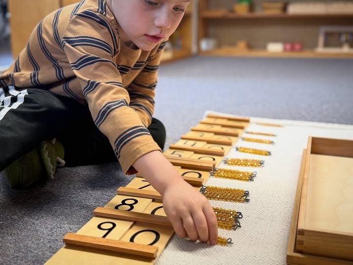 Child placing bead bars next to wooden number cards