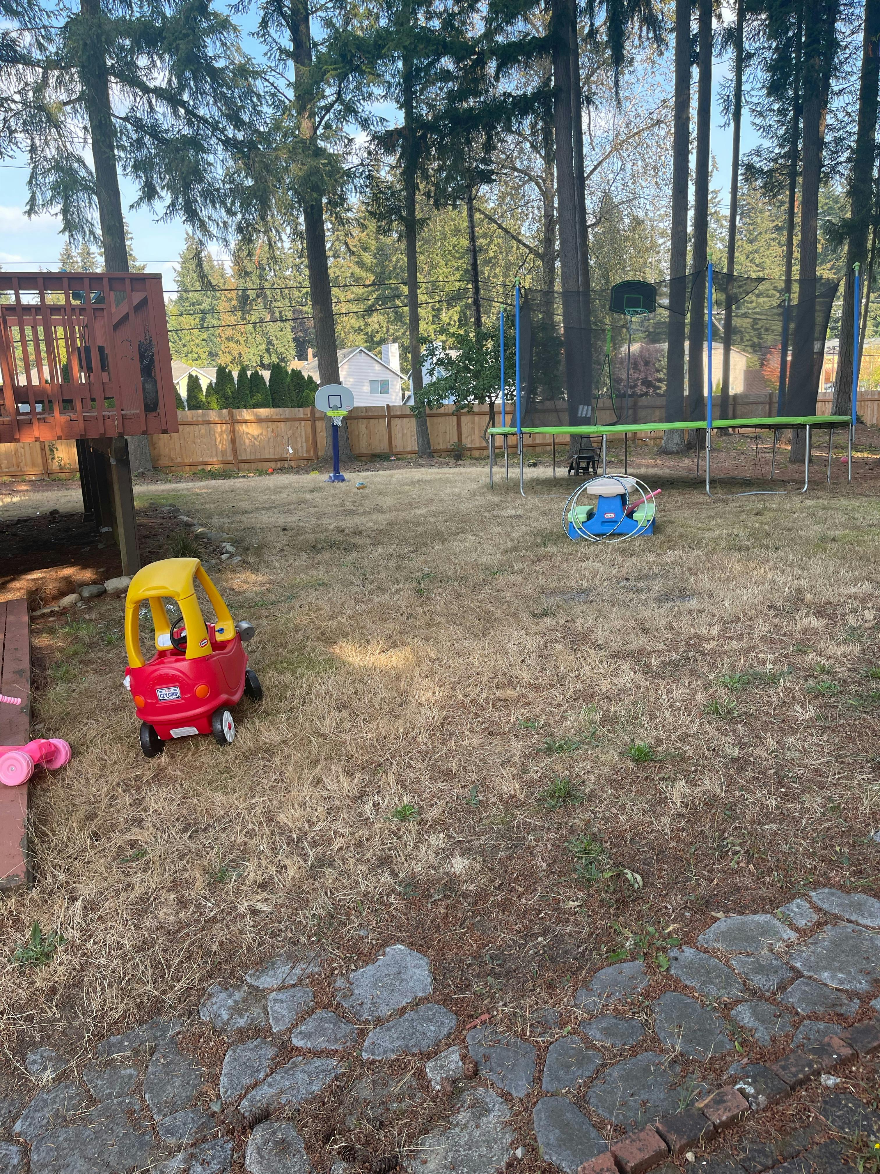 Backyard with a red and yellow toy car, trampoline, and wooden play structure