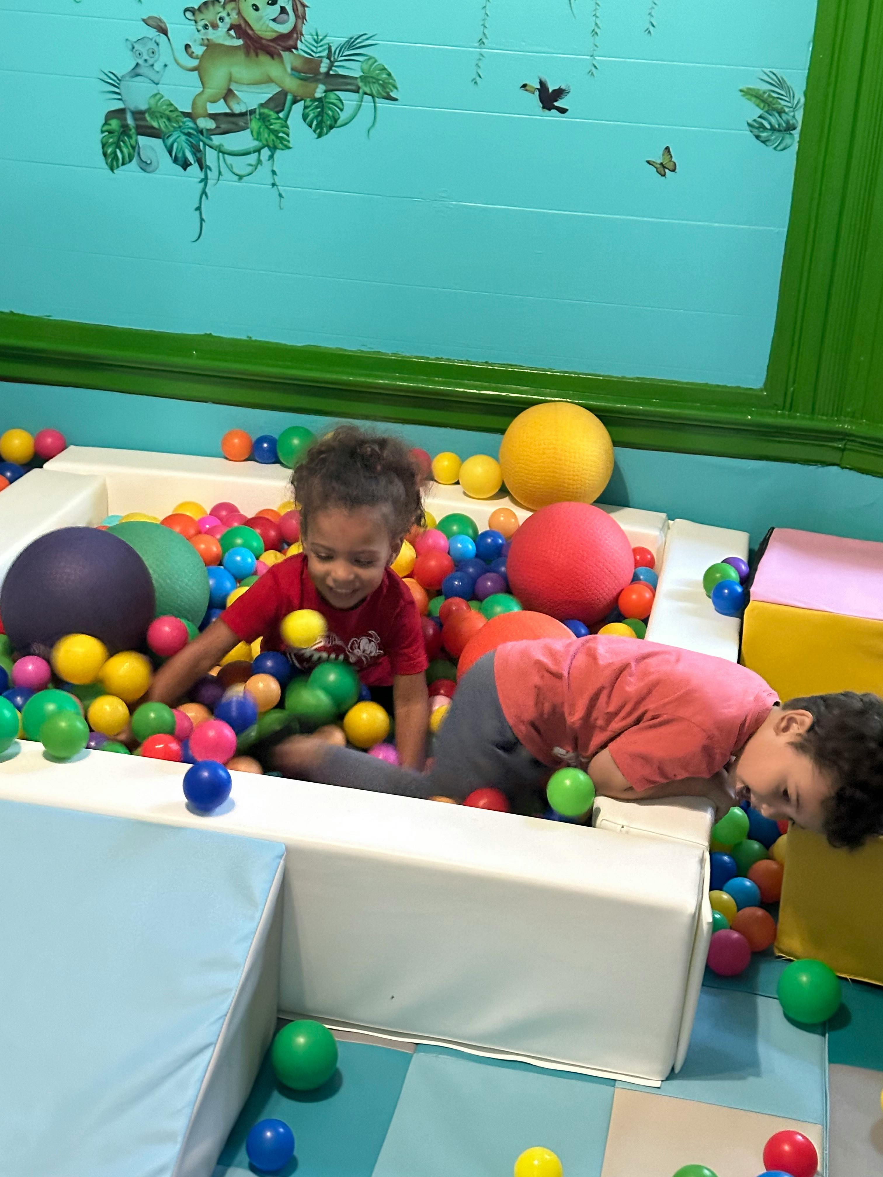 Two children playing in a ball pit