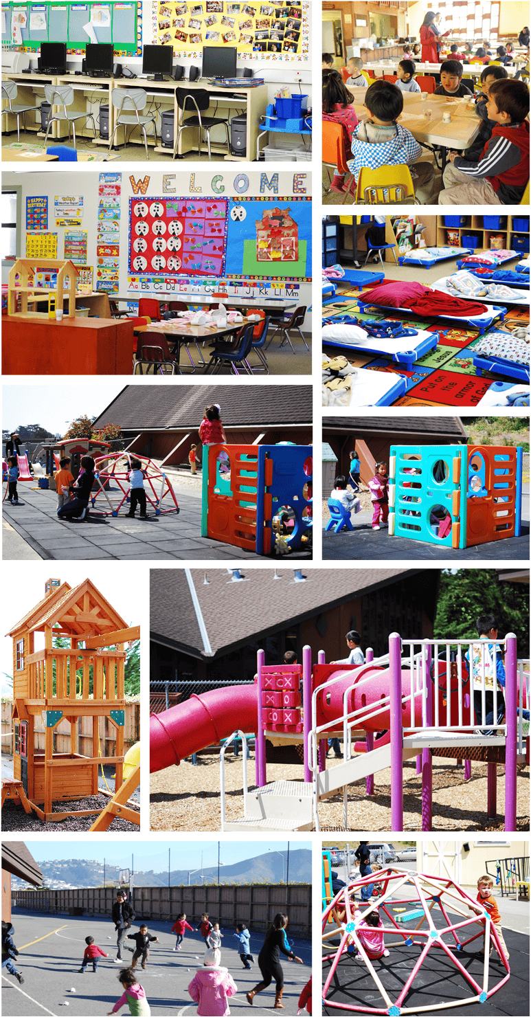 Collage of various school and playground scenes with children and equipment