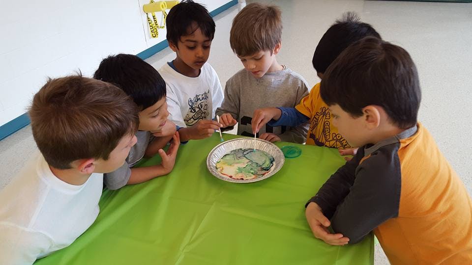 Children gathered around a table looking at a plate