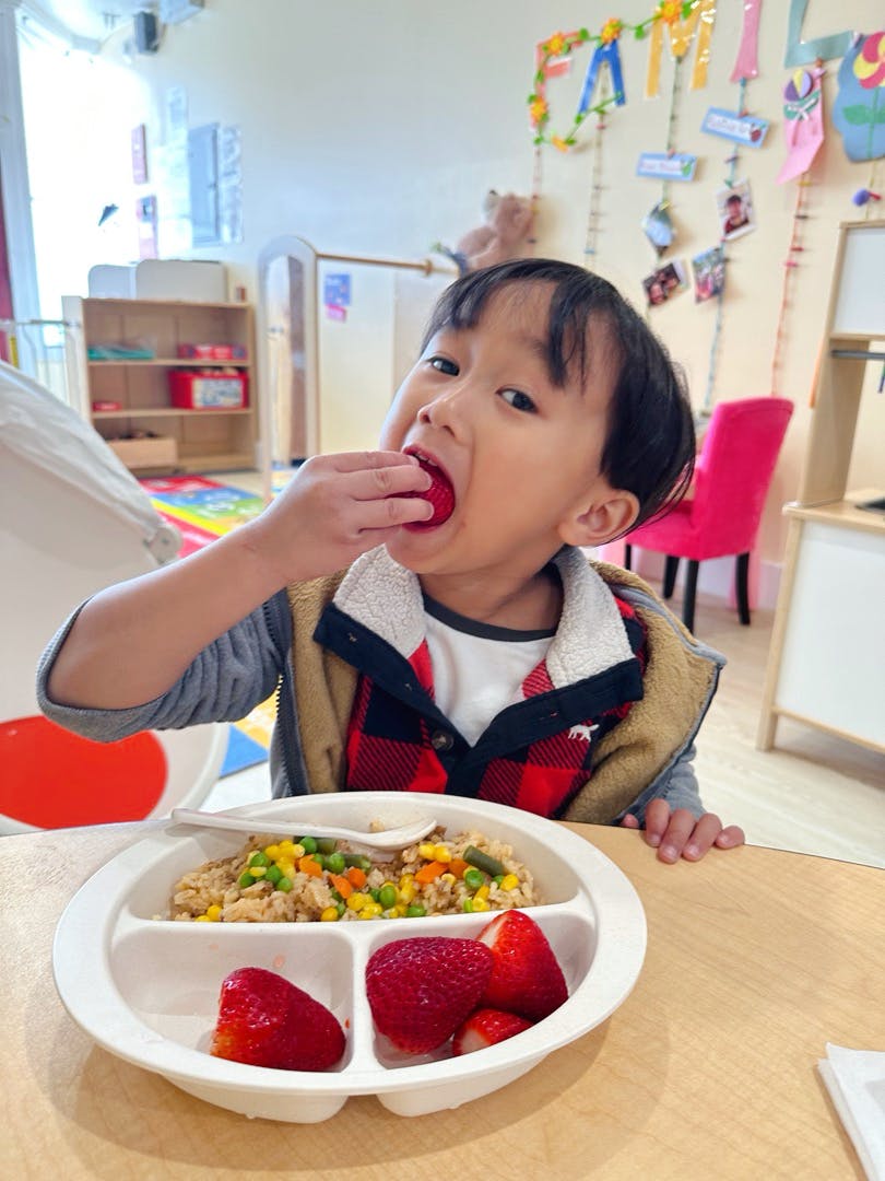 Child eating a strawberry from a divided plate with rice and vegetables