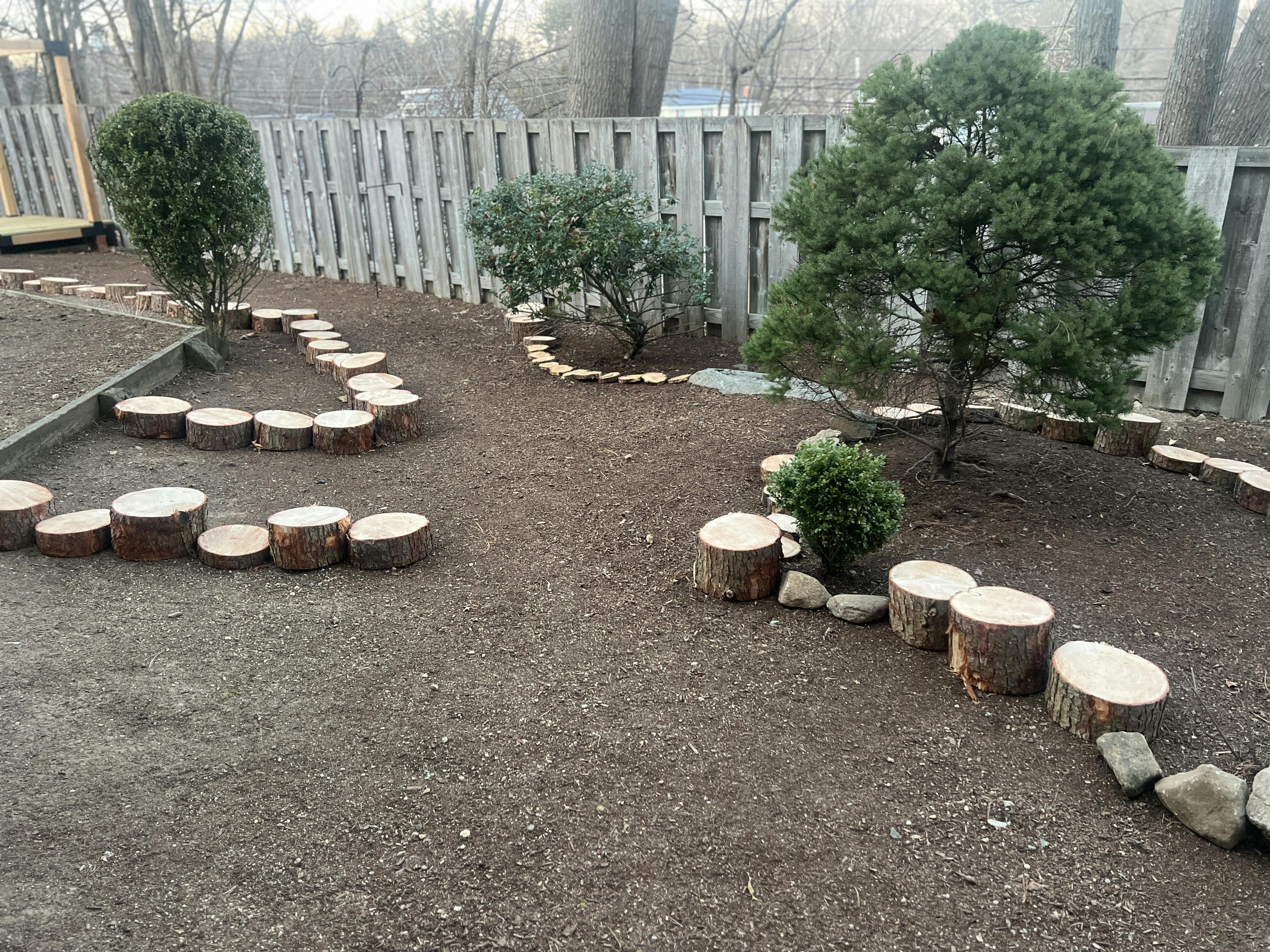 Garden path made of cut tree stumps and rocks on mulch, with plants