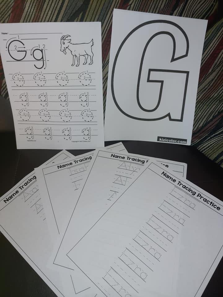 Alphabet tracing worksheets with the letter G and name tracing practice sheets