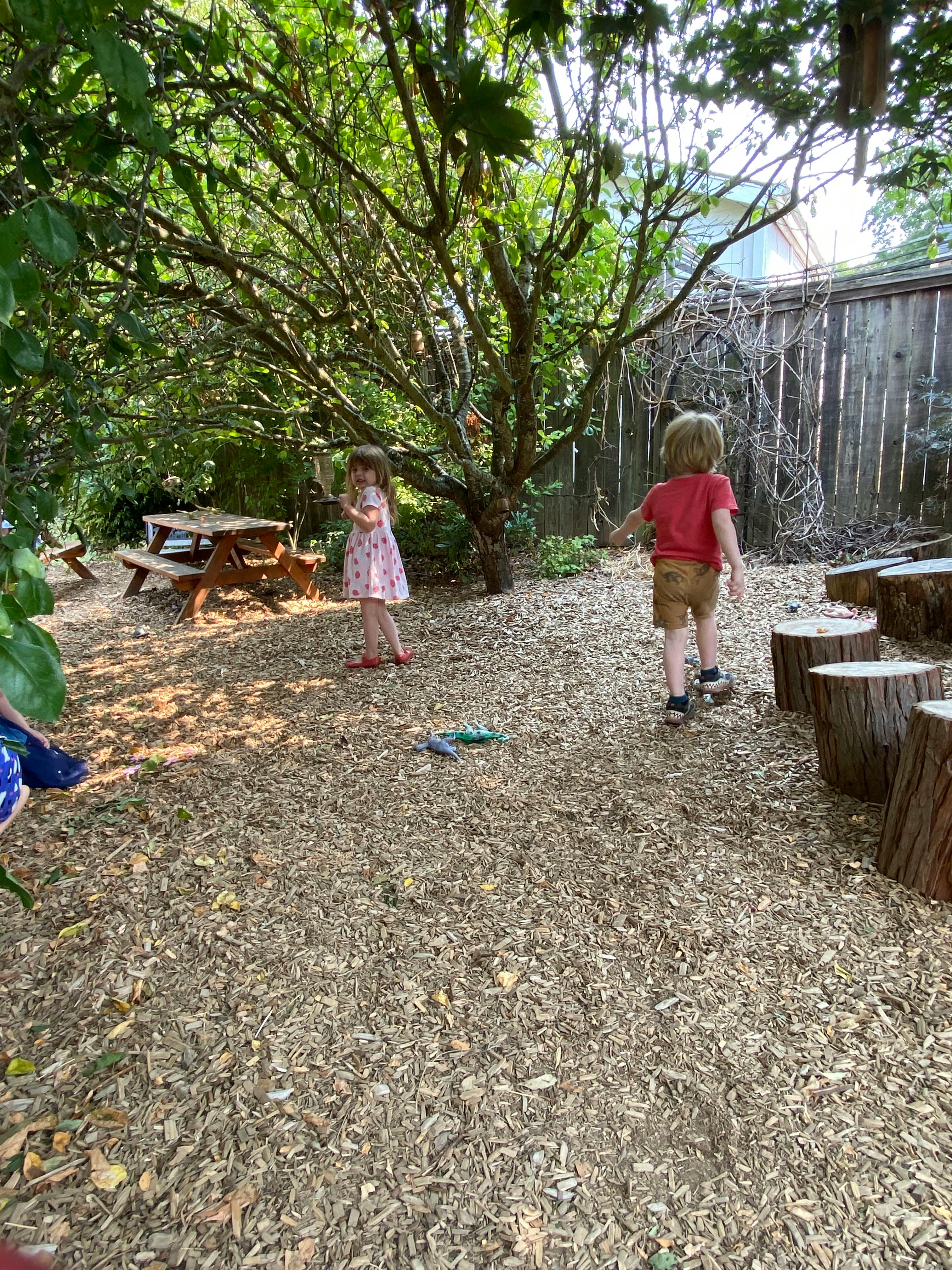 Two children playing outdoors on wood chips