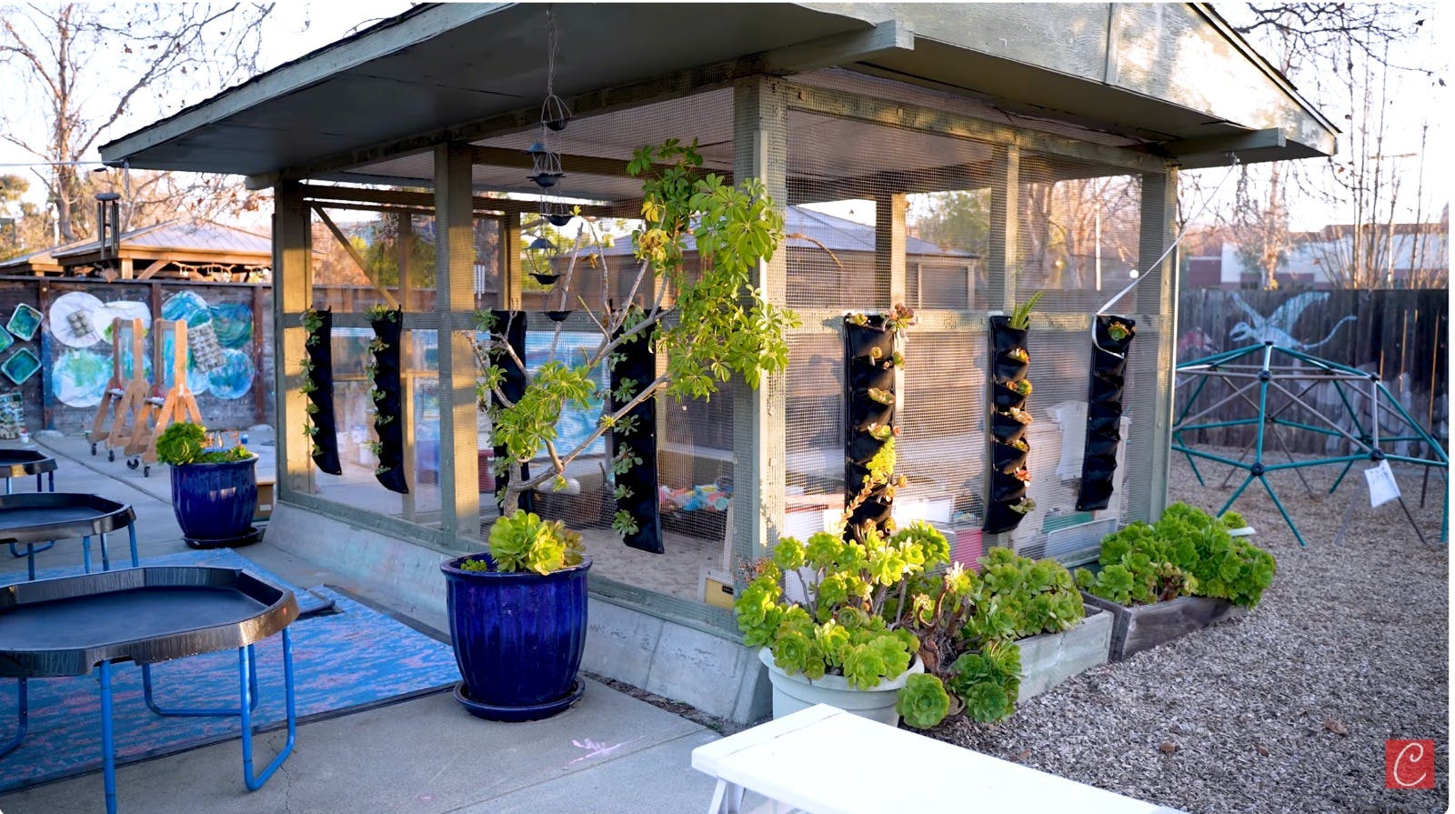 Outdoor play area with a greenhouse, planters, and climbing dome