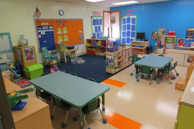 Empty classroom with small tables and chairs