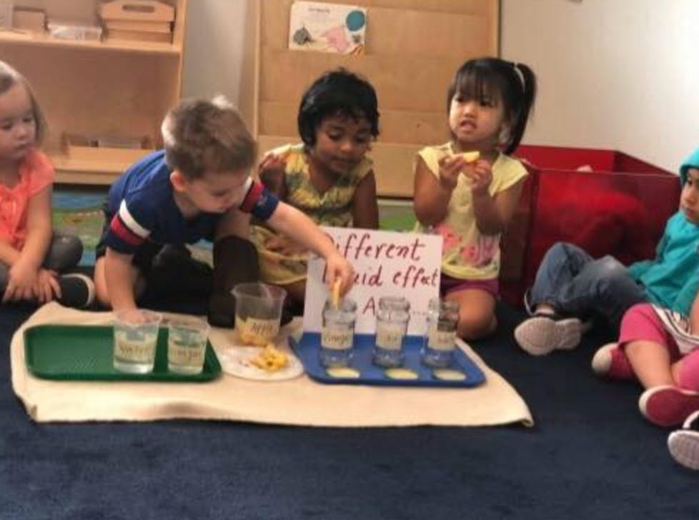 Child conducting a science experiment with liquids and other children watching