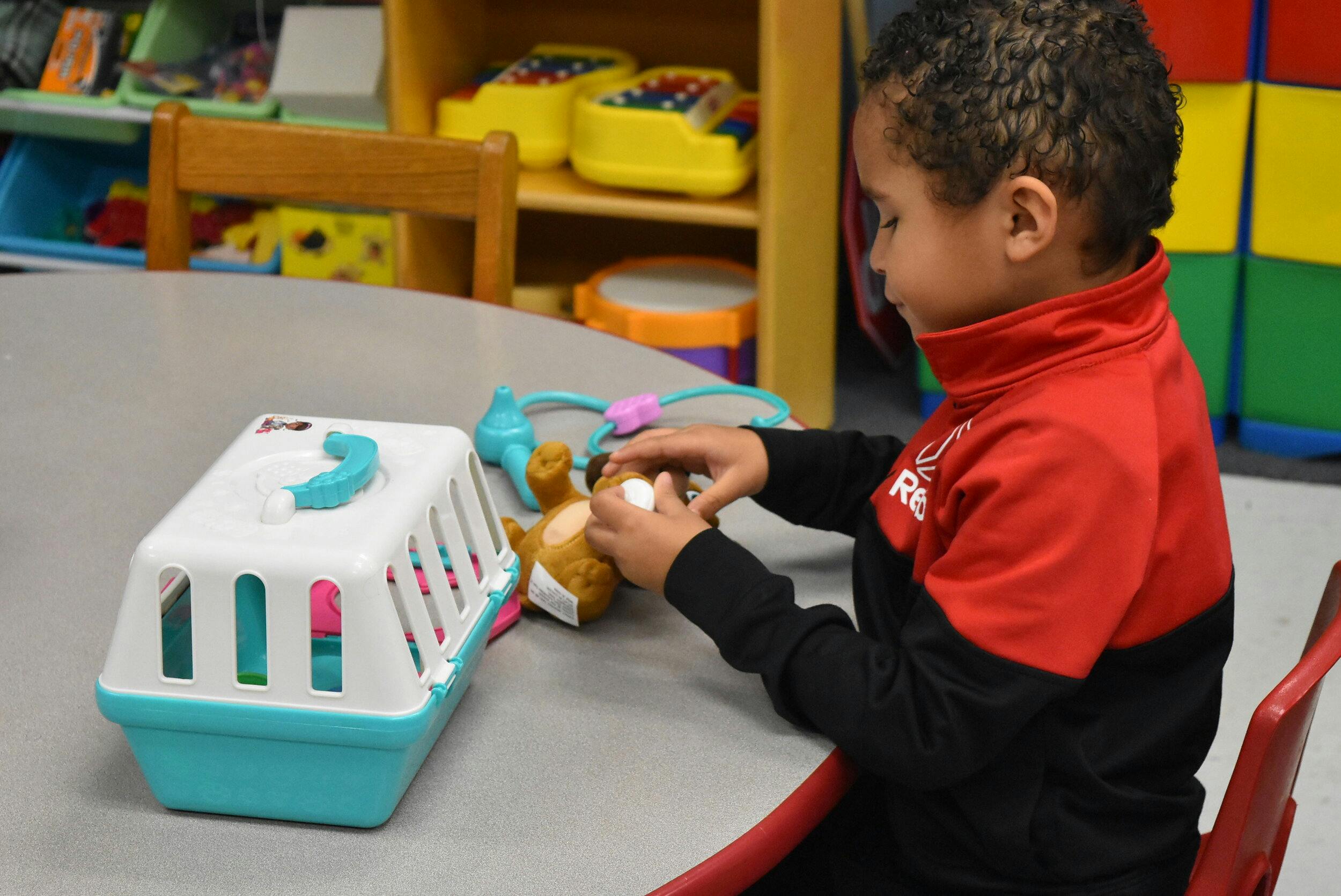 Child playing with a toy pet carrier and stuffed animal