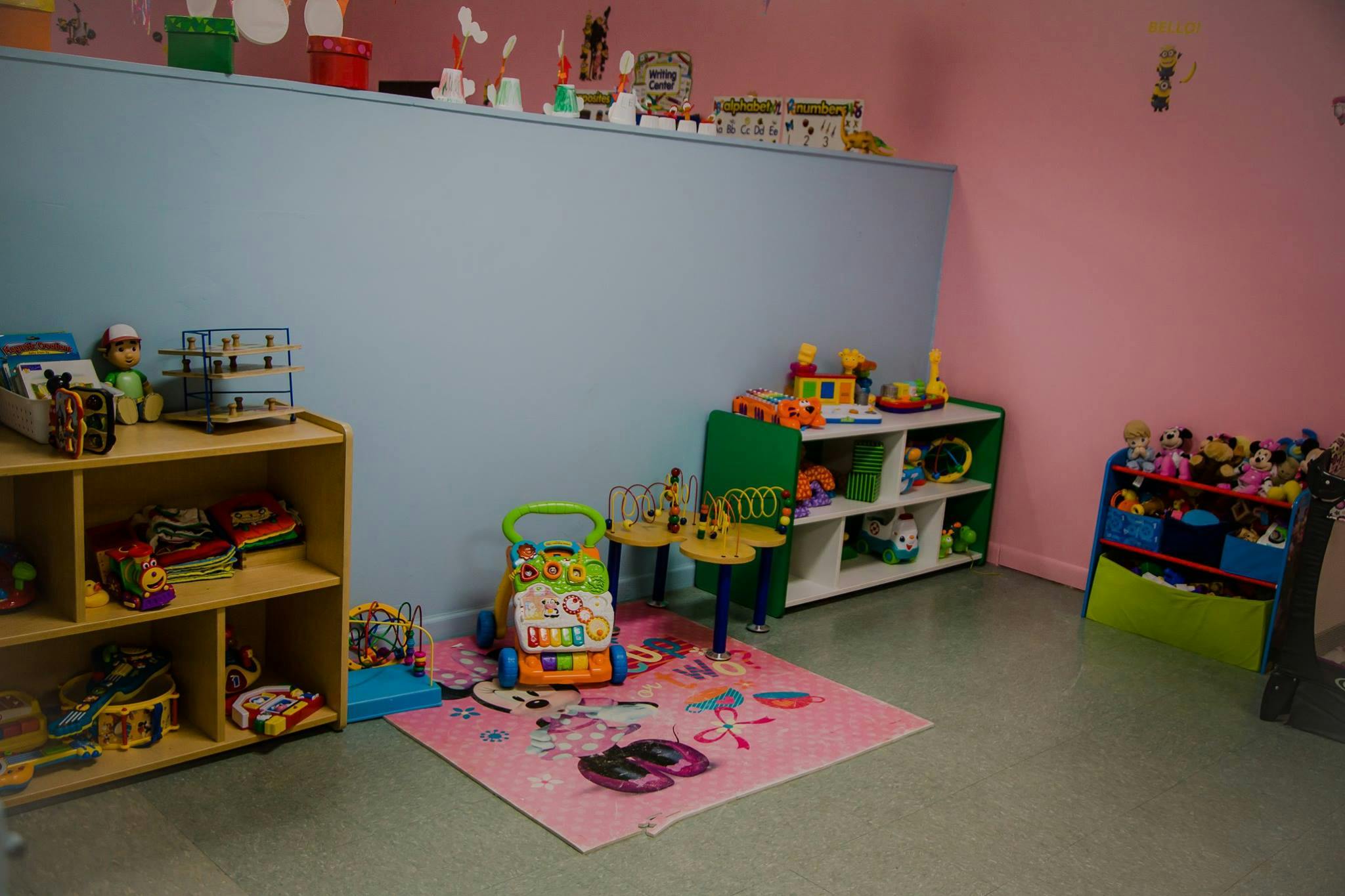 Playroom with shelves of toys, a pink rug, and a baby walker