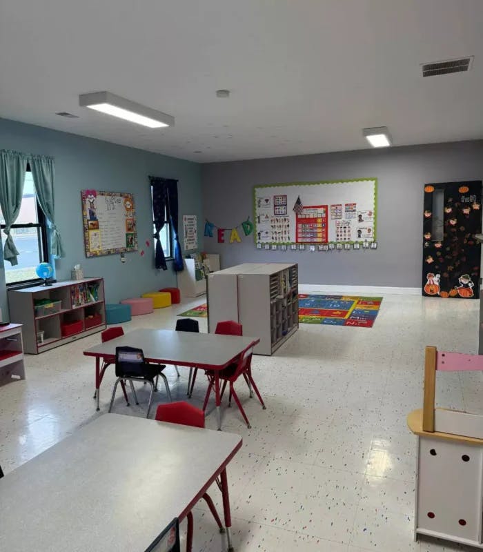 Classroom with small tables and chairs