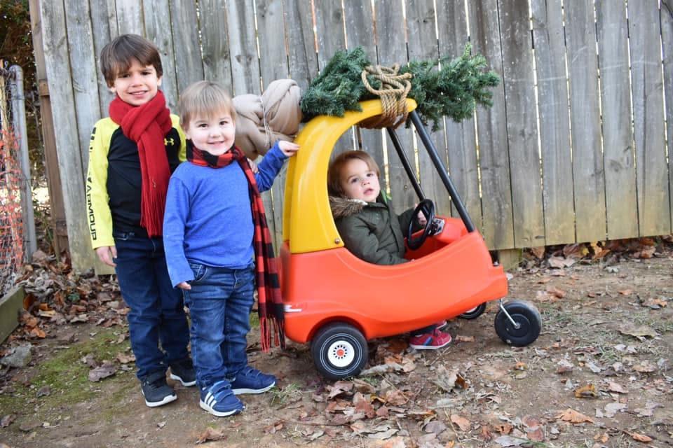 Three children with a toy car carrying a small tree