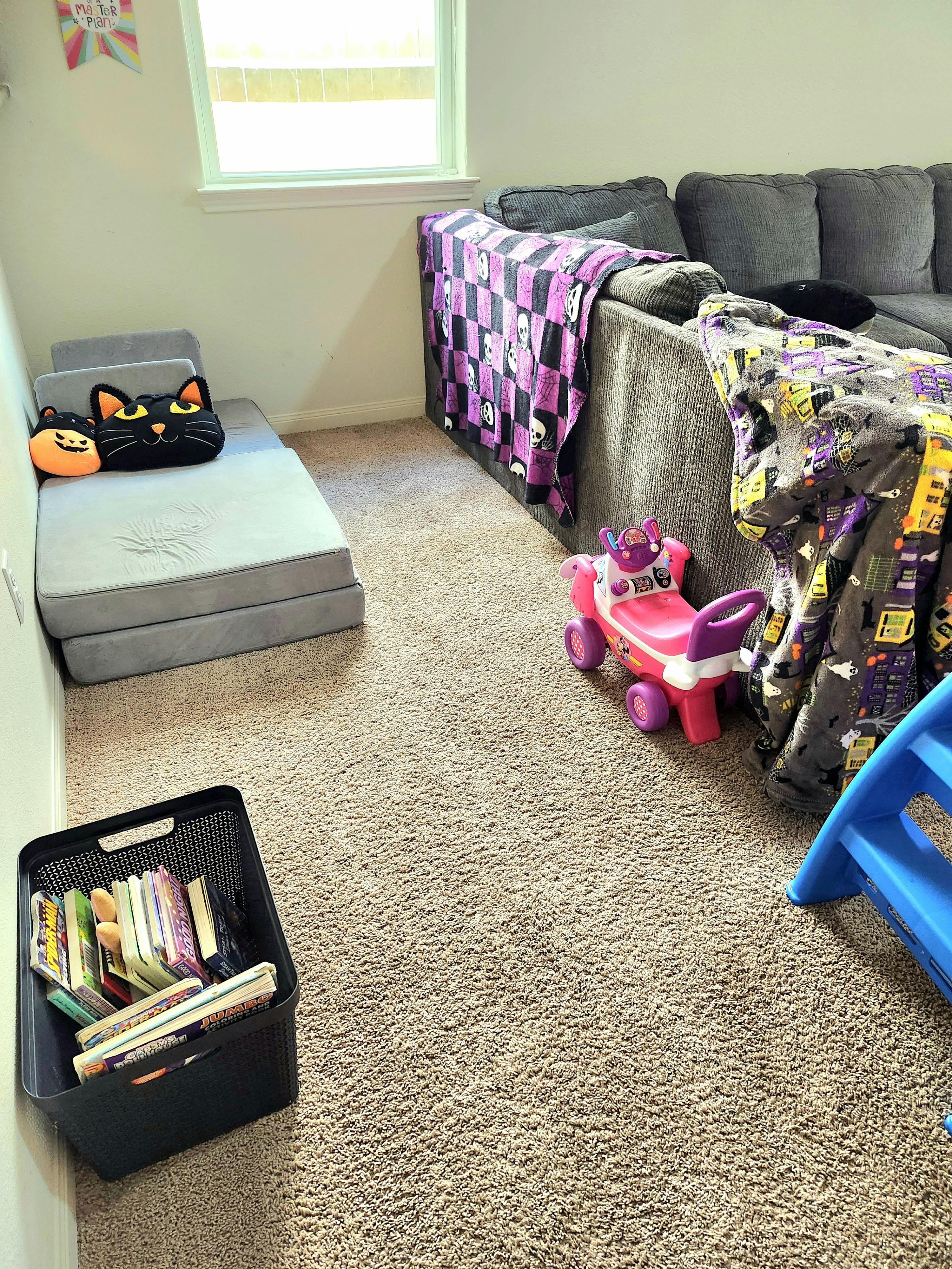 Living room with a gray couch, a gray floor mattress, and a black basket of books