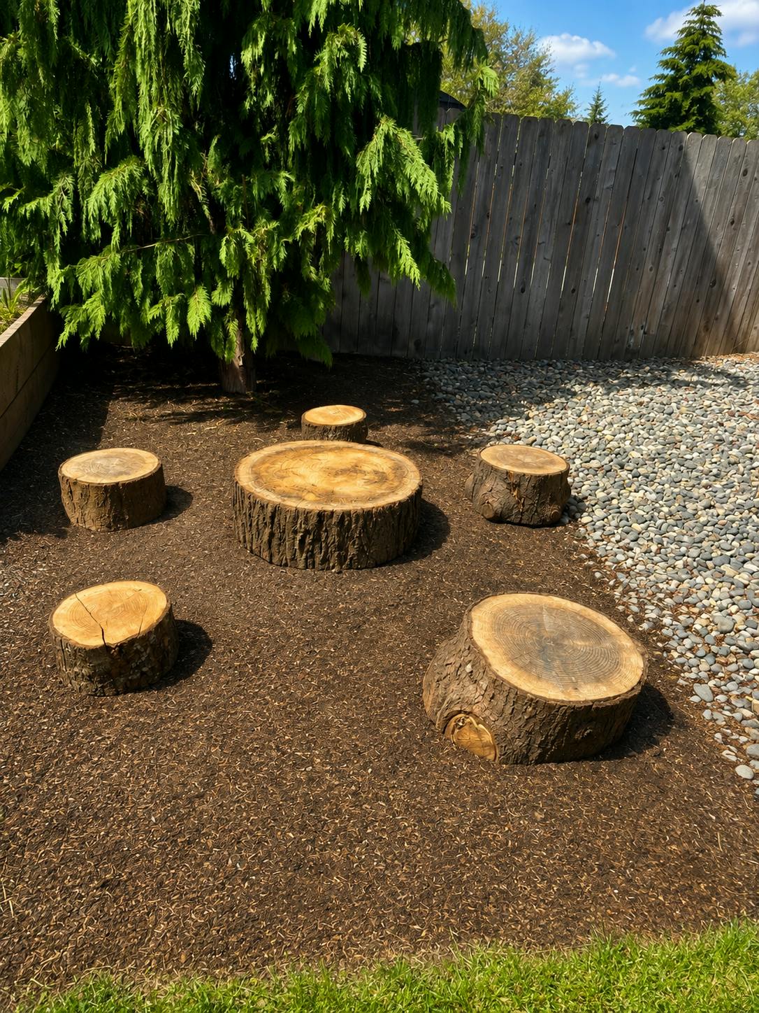 Tree stumps used as seats and a table in a garden