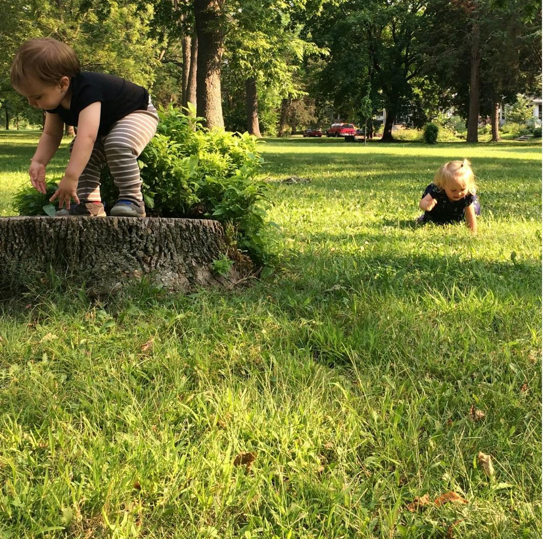 Child standing on a tree stump and another child crawling on grass