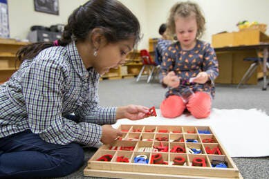 Two children playing with a wooden tray of small red and blue objects
