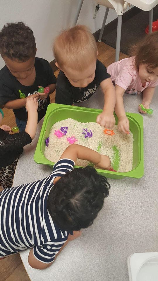 Children playing with rice and toys in a green bin