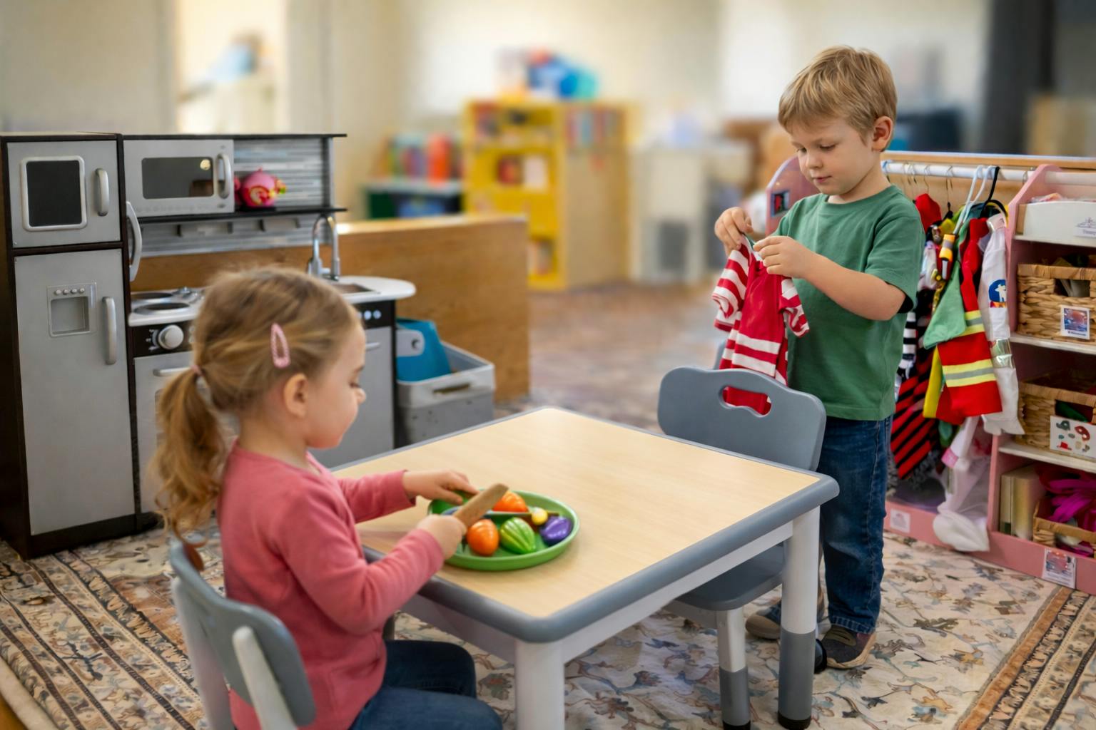 A child playing with toy food at a table and another child holding clothes