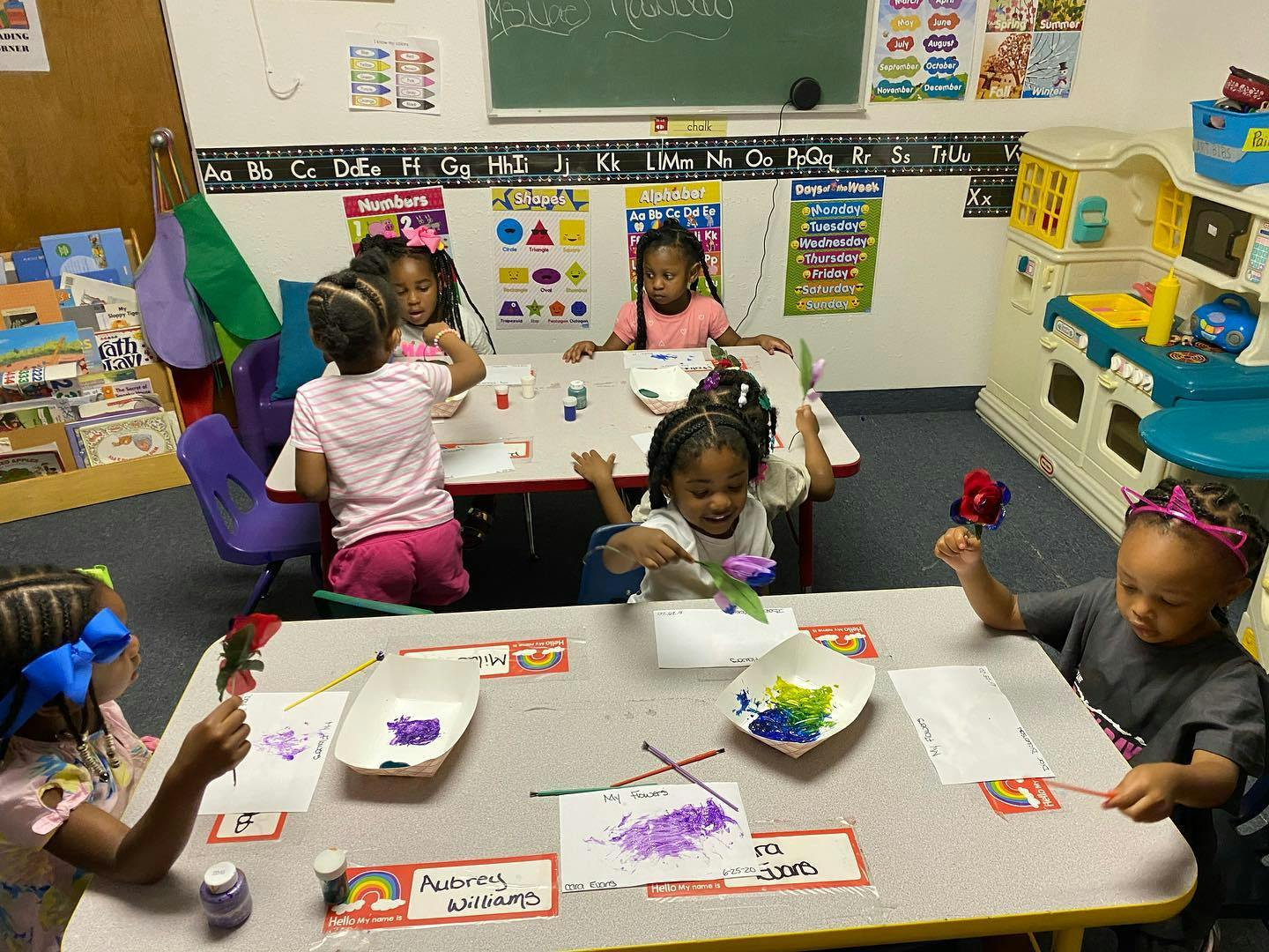Children painting at tables in a classroom