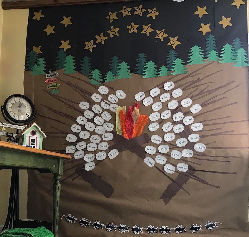 Campfire bulletin board with paper marshmallows on sticks around a flame