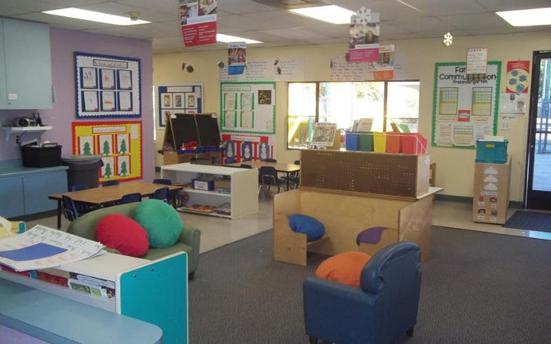 An empty early childhood classroom with colorful furniture and decorations