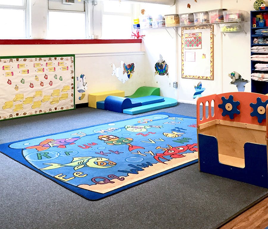 Playroom with a blue rug, soft play equipment, and a small wooden play structure