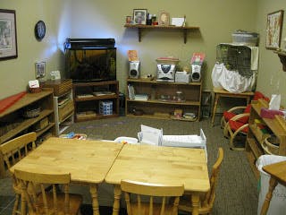 Classroom with tables, chairs, shelves, and a fish tank